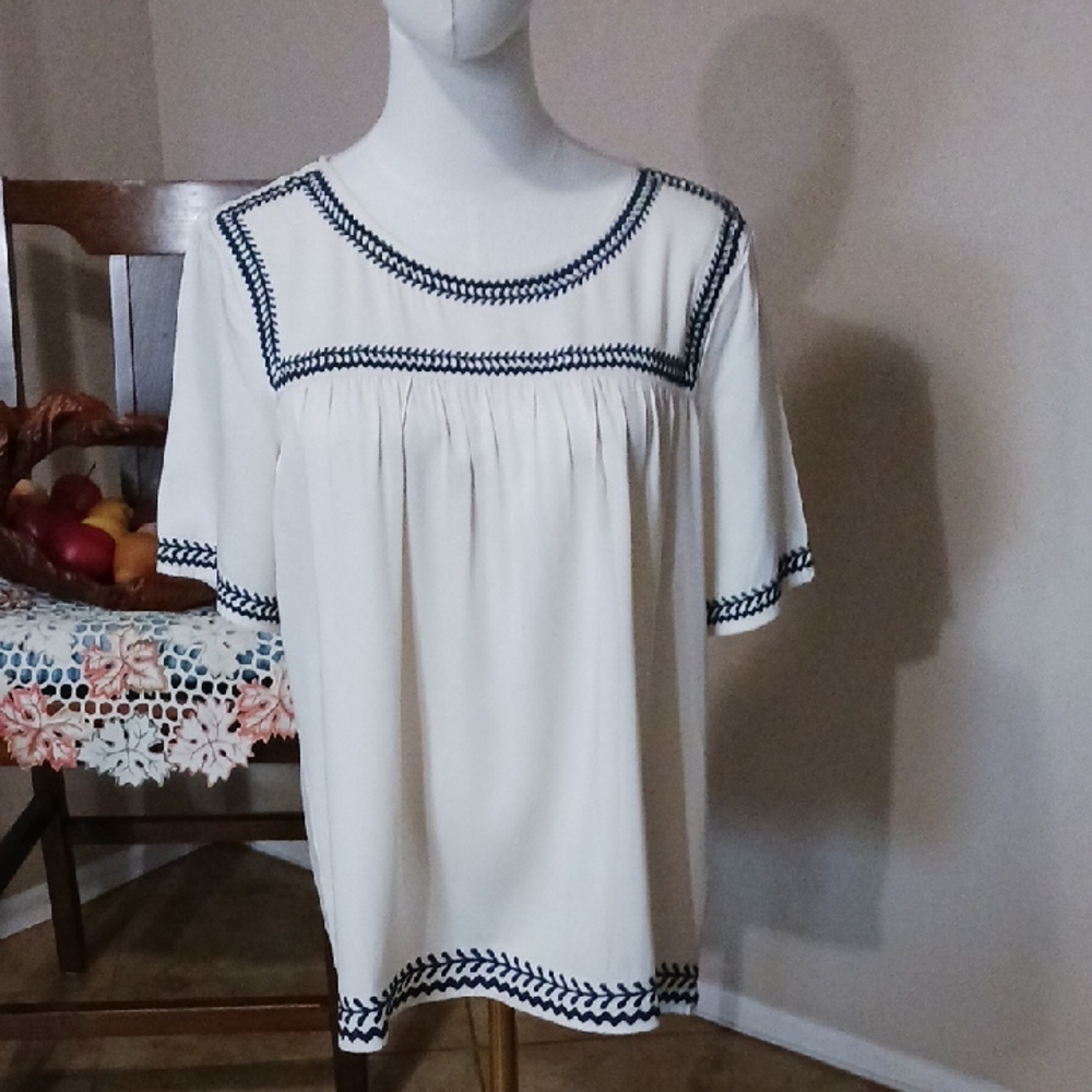 NWT- Anthropologies Orange Creek Cream Boho Blouse with Blue Trim